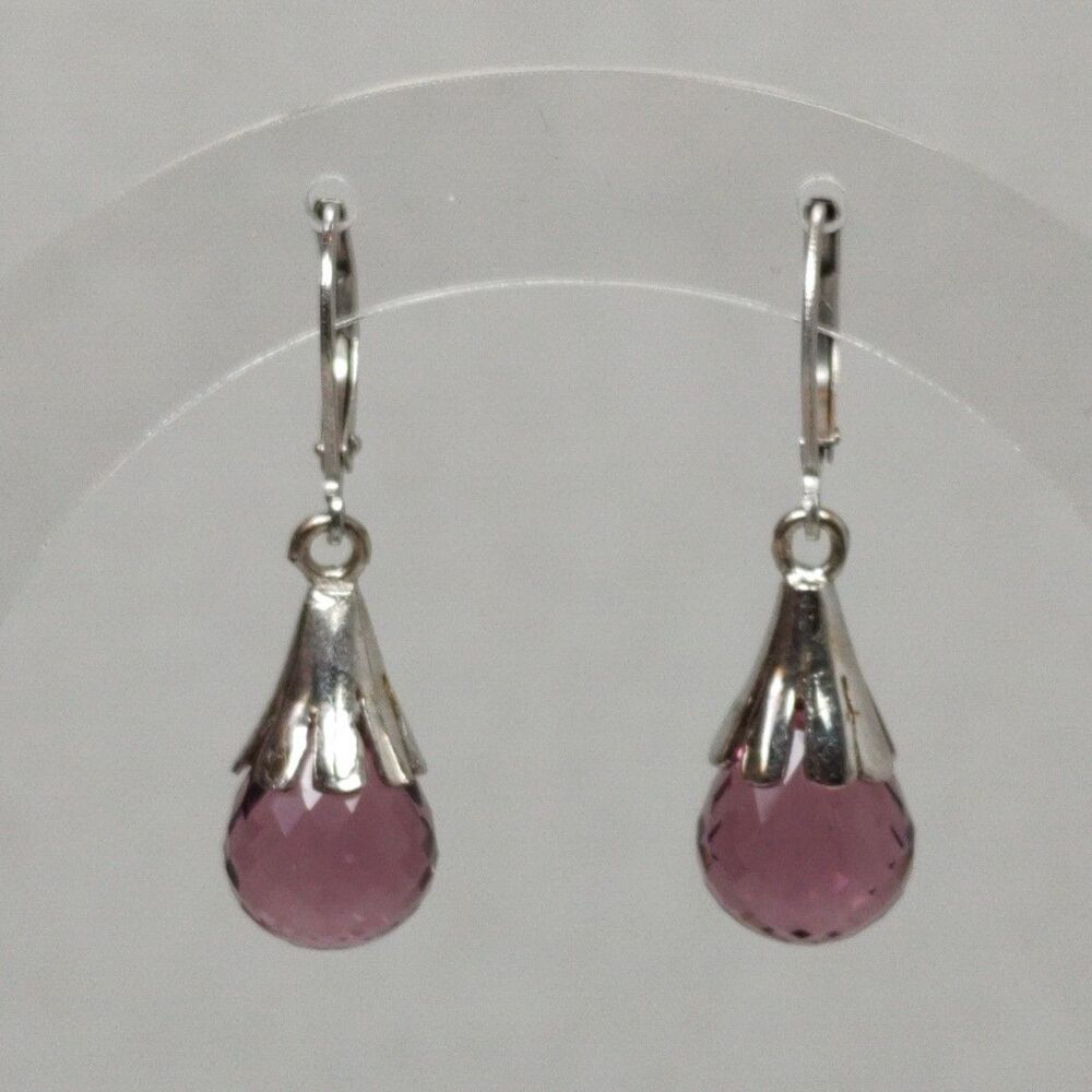Silver Tone Metal Purple Pink Glass Faceted Stone Teardrop Drop Fashion Earrings - Picture 8 of 14